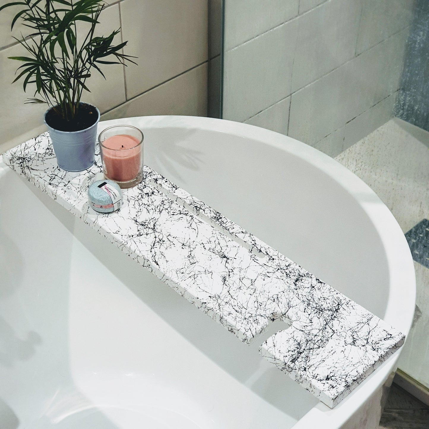 white bath tray marble effect